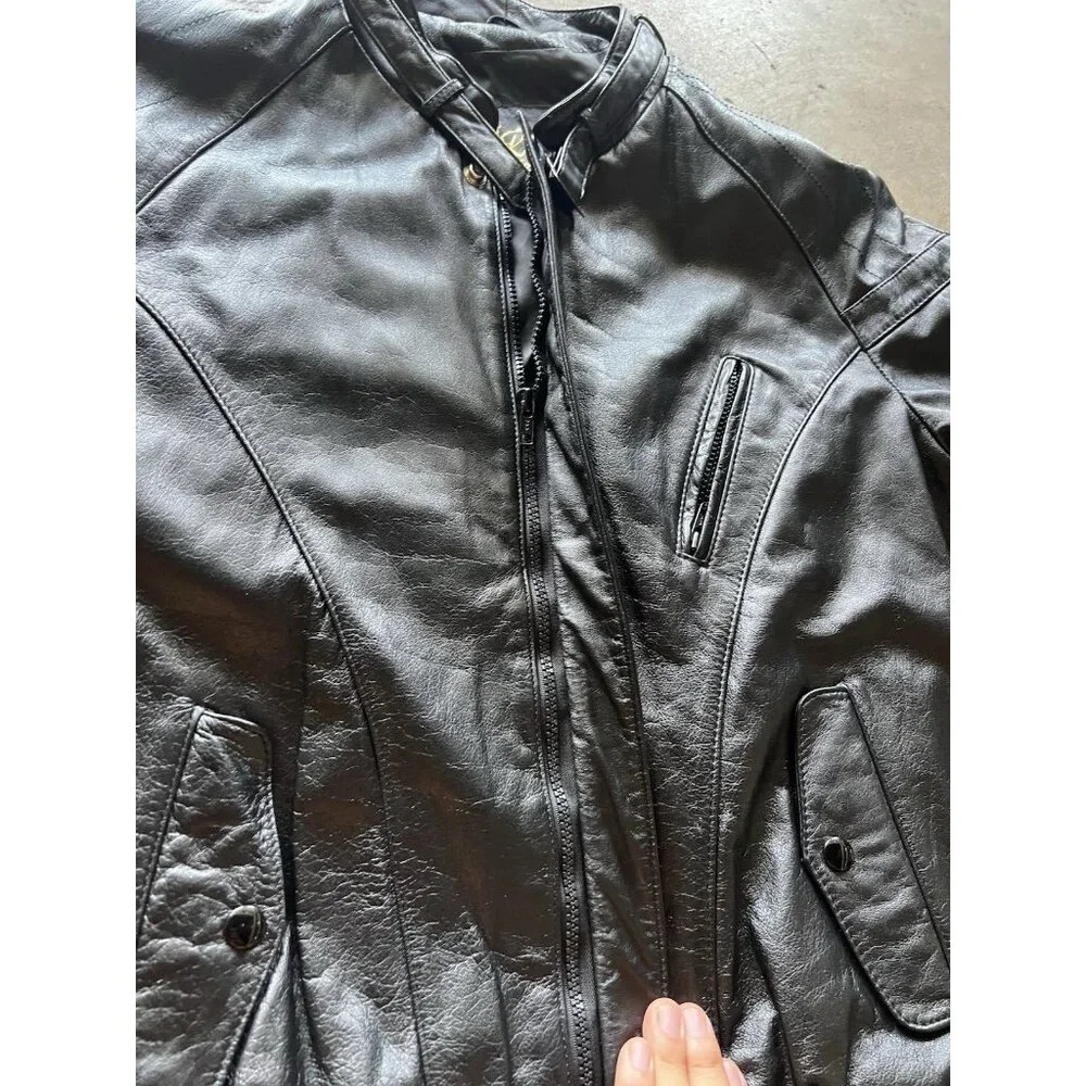 Vintage Reed Leather Black Motorcycle Plaid Lined Jacket Men’s Sz Large 48